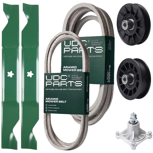 UDC Parts Mower Kit / Belt 138255 + Belt 539117245 + Pulley 532194326 + Pulley 532194327 + Spindle 532174356 + 2 Pack Blades 405380 / Fits Husqvarna LT1597 MOWER PARTS - UDC Parts Mower Kit / Belt 138255 + Belt 539117245 + Pulley 532194326 + Pulley 532194327 + Spindle 532174356 + 2 Pack Blades 405380 / Fits Husqvarna LT1597