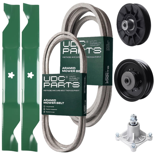 UDC Parts Mower Kit / Belt 138255 + Belt 539117245 + Pulley 532194326 + Pulley 532196104 + Spindle 532174356 + 2 Pack Blades 405380 / Fits Husqvarna LT1597 MOWER PARTS - UDC Parts Mower Kit / Belt 138255 + Belt 539117245 + Pulley 532194326 + Pulley 532196104 + Spindle 532174356 + 2 Pack Blades 405380 / Fits Husqvarna LT1597
