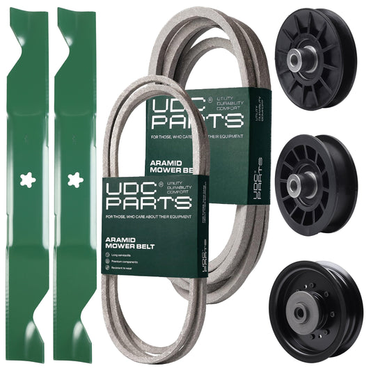 UDC Parts Mower Kit / Belt 194346 + Belt 539117245 + Pulley 532194326 + Pulley 532194327 + Pulley 532196104 + 2 Pack Blades 405380 / Fits Husqvarna LT1597 MOWER PARTS - UDC Parts Mower Kit / Belt 194346 + Belt 539117245 + Pulley 532194326 + Pulley 532194327 + Pulley 532196104 + 2 Pack Blades 405380 / Fits Husqvarna LT1597