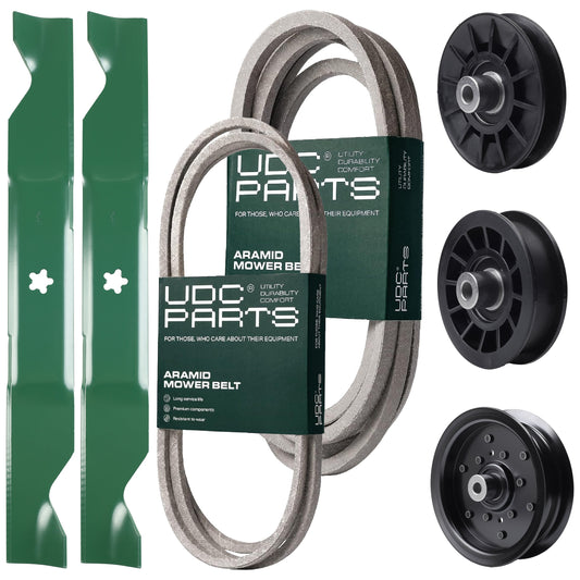 UDC Parts Mower Kit / Belt 197242 + Belt 405143 + Pulley 532194326 + Pulley 532196106 + Pulley 532194327 + 2 Pack Blades 405380 / Fits Husqvarna YTH220 Twin MOWER PARTS - UDC Parts Mower Kit / Belt 197242 + Belt 405143 + Pulley 532194326 + Pulley 532196106 + Pulley 532194327 + 2 Pack Blades 405380 / Fits Husqvarna YTH220 Twin
