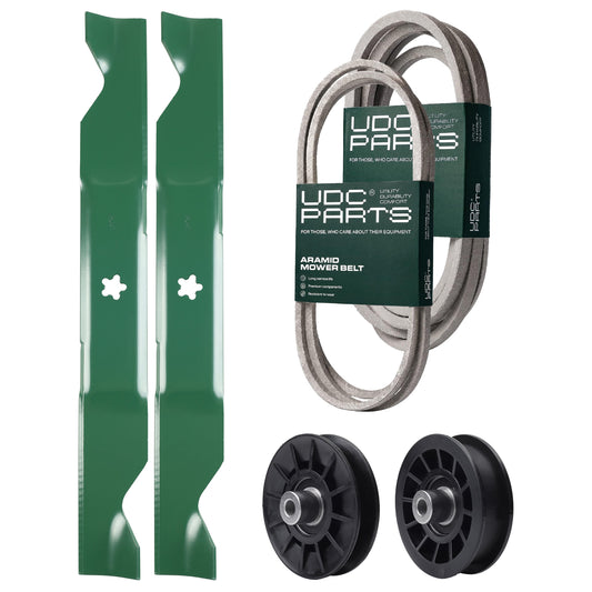 UDC Parts Mower Kit / Belt 138255 + Belt 539117245 + Pulley 532194326 + Pulley 532194327 + 2 Pack Blades 405380 / Fits Husqvarna LT1597 MOWER PARTS - UDC Parts Mower Kit / Belt 138255 + Belt 539117245 + Pulley 532194326 + Pulley 532194327 + 2 Pack Blades 405380 / Fits Husqvarna LT1597