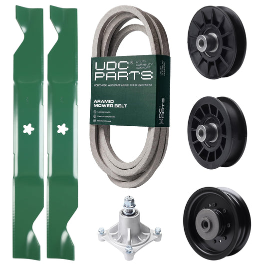 UDC Parts Mower Kit / Belt 539117245 + Pulley 532194326 + Pulley 532194327 + Pulley 532196104 + Spindle 532174356 + 2 Pack Blades 405380 / Fits Husqvarna LT1597 MOWER PARTS - UDC Parts Mower Kit / Belt 539117245 + Pulley 532194326 + Pulley 532194327 + Pulley 532196104 + Spindle 532174356 + 2 Pack Blades 405380 / Fits Husqvarna LT1597