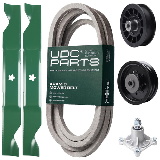 UDC Parts Mower Kit / Belt 539117245 + Pulley 532194327 + Pulley 532196104 + Spindle 532174356 + 2 Pack Blades 405380 / Fits Husqvarna LT1597 MOWER PARTS - UDC Parts Mower Kit / Belt 539117245 + Pulley 532194327 + Pulley 532196104 + Spindle 532174356 + 2 Pack Blades 405380 / Fits Husqvarna LT1597