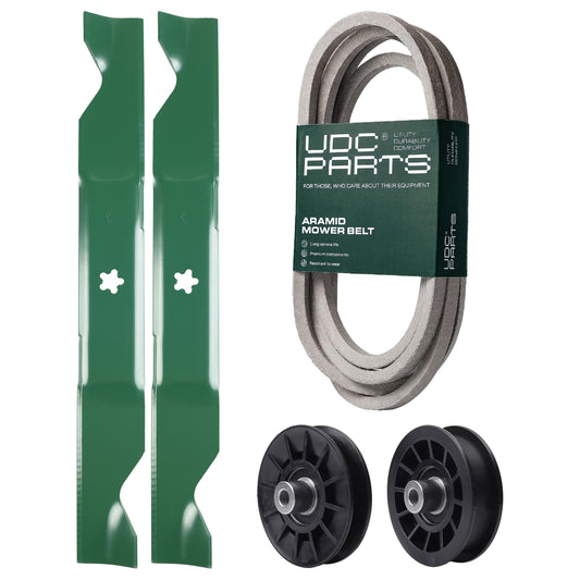 UDC Parts Mower Kit / Belt 539117245 + Pulley 532194326 + Pulley 532194327 + 2 Pack Blades 405380 / Fits Husqvarna LT1597 MOWER PARTS - UDC Parts Mower Kit / Belt 539117245 + Pulley 532194326 + Pulley 532194327 + 2 Pack Blades 405380 / Fits Husqvarna LT1597