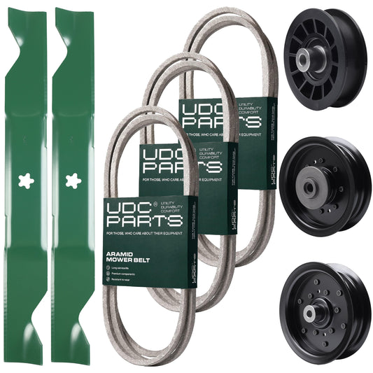UDC Parts Mower Kit / Belt 130969 + Belt 140218 + Belt 405143 + Pulley 532196104 + Pulley 532196106 + Pulley 532194327 + 2 Pack Blades 405380 / Fits Husqvarna YTH220 Twin MOWER PARTS - UDC Parts Mower Kit / Belt 130969 + Belt 140218 + Belt 405143 + Pulley 532196104 + Pulley 532196106 + Pulley 532194327 + 2 Pack Blades 405380 / Fits Husqvarna YTH220 Twin