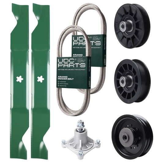 UDC Parts Mower Kit / Belt 138255 + Belt 194346 + Pulley 532194326 + Pulley 532194327 + Pulley 532196104 + Spindle 532174356 + 2 Pack Blades 405380 / Fits Husqvarna LT1597 Bulk Lawn Mower Blades - UDC Parts Mower Kit / Belt 138255 + Belt 194346 + Pulley 532194326 + Pulley 532194327 + Pulley 532196104 + Spindle 532174356 + 2 Pack Blades 405380 / Fits Husqvarna LT1597