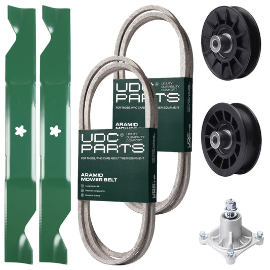 UDC Parts Mower Kit / Belt 138255 + Belt 194346 + Pulley 532194326 + Pulley 532194327 + Spindle 532174356 + 2 Pack Blades 405380 / Fits Husqvarna LT1597 MOWER PARTS - UDC Parts Mower Kit / Belt 138255 + Belt 194346 + Pulley 532194326 + Pulley 532194327 + Spindle 532174356 + 2 Pack Blades 405380 / Fits Husqvarna LT1597