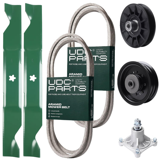 UDC Parts Mower Kit / Belt 138255 + Belt 194346 + Pulley 532194326 + Pulley 532196104 + Spindle 532174356 + 2 Pack Blades 405380 / Fits Husqvarna LT1597 MOWER PARTS - UDC Parts Mower Kit / Belt 138255 + Belt 194346 + Pulley 532194326 + Pulley 532196104 + Spindle 532174356 + 2 Pack Blades 405380 / Fits Husqvarna LT1597
