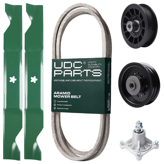 UDC Parts Mower Kit / Belt 194346 + Pulley 532194327 + Pulley 532196104 + Spindle 532174356 + 2 Pack Blades 405380 / Fits Husqvarna LT1597 MOWER PARTS - UDC Parts Mower Kit / Belt 194346 + Pulley 532194327 + Pulley 532196104 + Spindle 532174356 + 2 Pack Blades 405380 / Fits Husqvarna LT1597