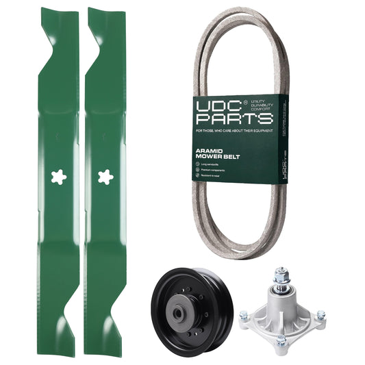 UDC Parts Mower Kit / Belt 194346 + Pulley 532196104 + Spindle 532174356 + 2 Pack Blades 405380 / Fits Husqvarna LT1597 MOWER PARTS - UDC Parts Mower Kit / Belt 194346 + Pulley 532196104 + Spindle 532174356 + 2 Pack Blades 405380 / Fits Husqvarna LT1597