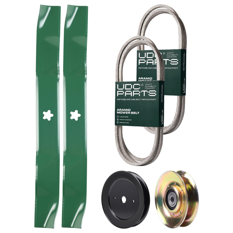  UDC Parts Mower Kit / Belt 140294 + Belt 144959 + Pulley 127783 + Pulley 129861 + 2 Pack Blades 134149 / Fits Husqvarna LTH130 LTH1342 LTH152 LTH1542 LTH1742 LTH1842 LTH18542 LTH2042 LTHK1342 YTH130