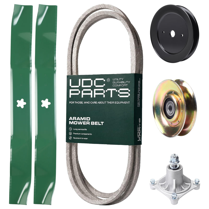  UDC Parts Mower Kit / Belt 144959 + Pulley 127783 + Pulley 129861 + Spindle 532174356 + 2 Pack Blades 134149 / Fits Husqvarna LTH1542 YTH130