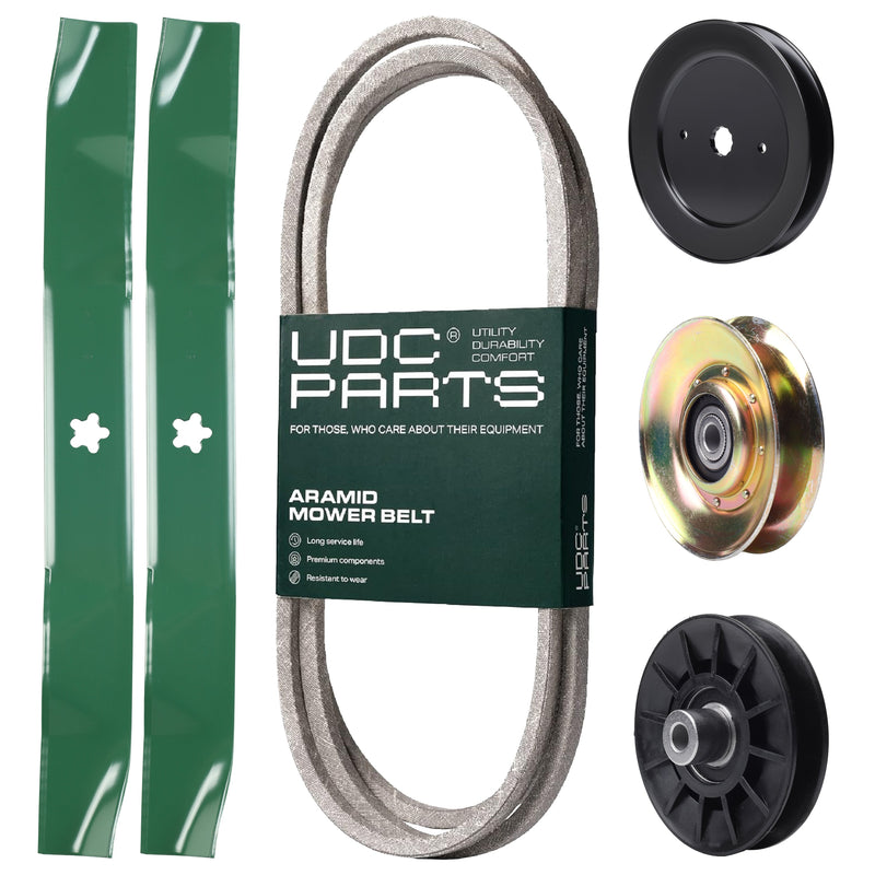 Products -  UDC Parts Mower Kit / Belt 197253 + Pulley 127783 + Pulley 129861 + Pulley 532194326 + 2 Pack Blades 134149 / Fits Husqvarna LT152