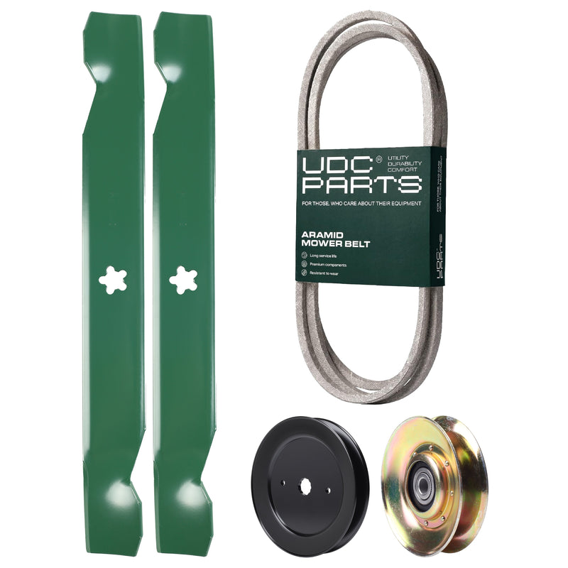  UDC Parts Mower Kit / Belt 197253 + Pulley 127783 + Pulley 129861 + 2 Pack Blades 138497 / Fits Husqvarna LT152