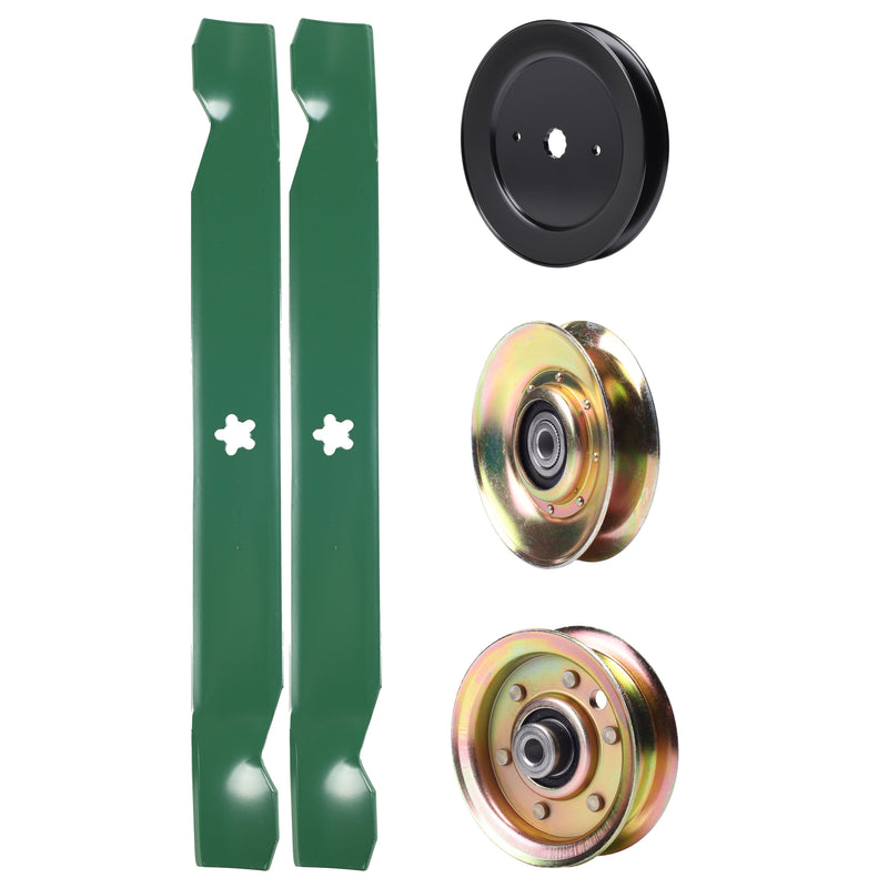  UDC Parts Mower Kit / Pulley 127783 + Pulley 129861 + Pulley 173437 + 2 Pack Blades 138971 / Fits Jonsered LT13 LT15 LT15A LT16 LT16A LT17A LT18A LT2115 LT2115A LT2116A LT2117A LT2118A LT2118A2