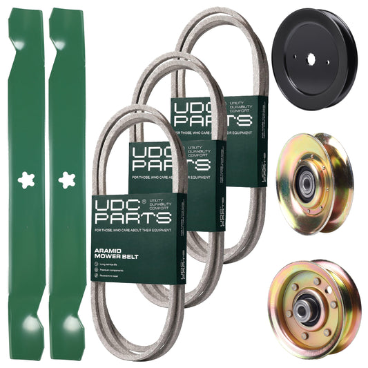 Bulk Lawn Mower Pulleys -  UDC Parts Mower Kit / Belt 140294 + Belt 174368 + Belt 180808 + Pulley 127783 + Pulley 129861 + Pulley 173437 + 2 Pack Blades 138971 / Fits Jonsered LT2122A2