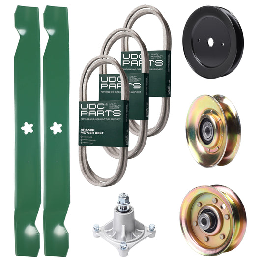 Bulk Lawn Mower Pulleys -  UDC Parts Mower Kit / Belt 140294 + Belt 174368 + Belt 180808 + Pulley 127783 + Pulley 129861 + Pulley 173437 + Spindle 532174356 + 2 Pack Blades 138971 / Fits Jonsered LT2122A2
