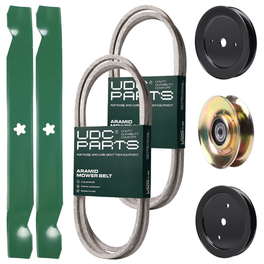 Wholesale Lawn Mower Parts -  UDC Parts Mower Kit / Belt 138255 + Belt 144959 + Pulley 127783 + Pulley 129861 + Pulley 195945 + 2 Pack Blades 138971 / Fits Poulan Pro PB19542LT