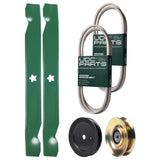  UDC Parts Mower Kit / Belt 140294 + Belt 144200 + Pulley 127783 + Pulley 129861 + 2 Pack Blades 138971 / Fits Husqvarna LTH120 LTH125 LTH130 LTH140 Rider 18 Pro YTH145 YTH150 YTH160 YTH170 YTH180