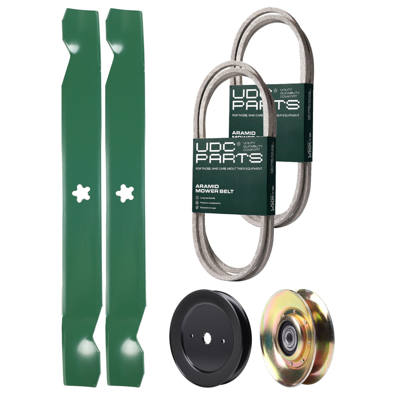  UDC Parts Mower Kit / Belt 140294 + Belt 144959 + Pulley 127783 + Pulley 129861 + 2 Pack Blades 138971 / Fits Poulan Pro BB185H42YT BB24H42YT CO18H42STA DPR20H42STA HD21H42 PB19H42LT PB19H42LTS