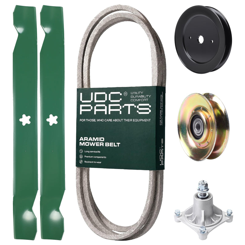  UDC Parts Mower Kit / Belt 140294 + Pulley 127783 + Pulley 129861 + Spindle 532174356 + 2 Pack Blades 138971 / Fits Jonsered LT2122A2