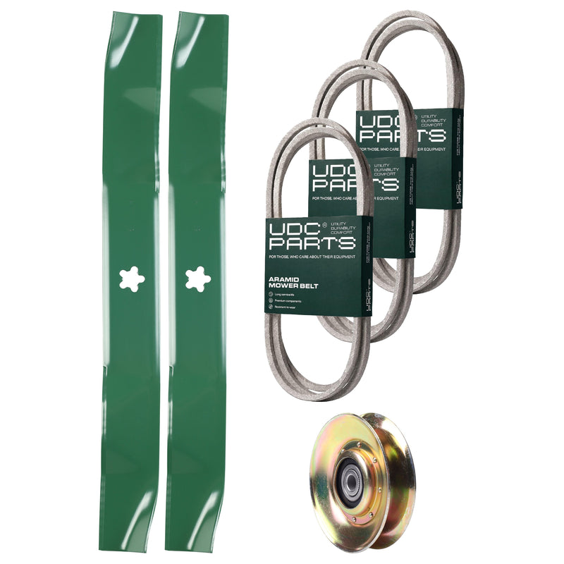  UDC Parts Mower Kit / Belt 130969 + Belt 174883 + Belt 197253 + Pulley 127783 + 2 Pack Blades 134149 / Fits Husqvarna YTH2042 YTH2242