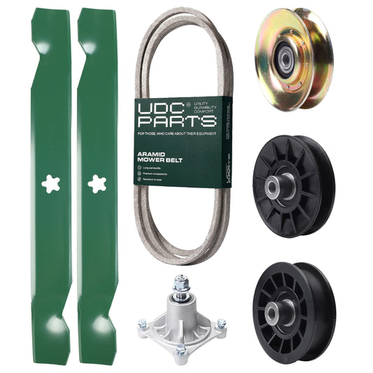 Wholesale Lawn Mower Parts -  UDC Parts Mower Kit / Belt 138255 + Pulley 127783 + Pulley 532194326 + Pulley 532194327 + Spindle 532174356 + 2 Pack Blades 138497 / Fits Husqvarna LT1597