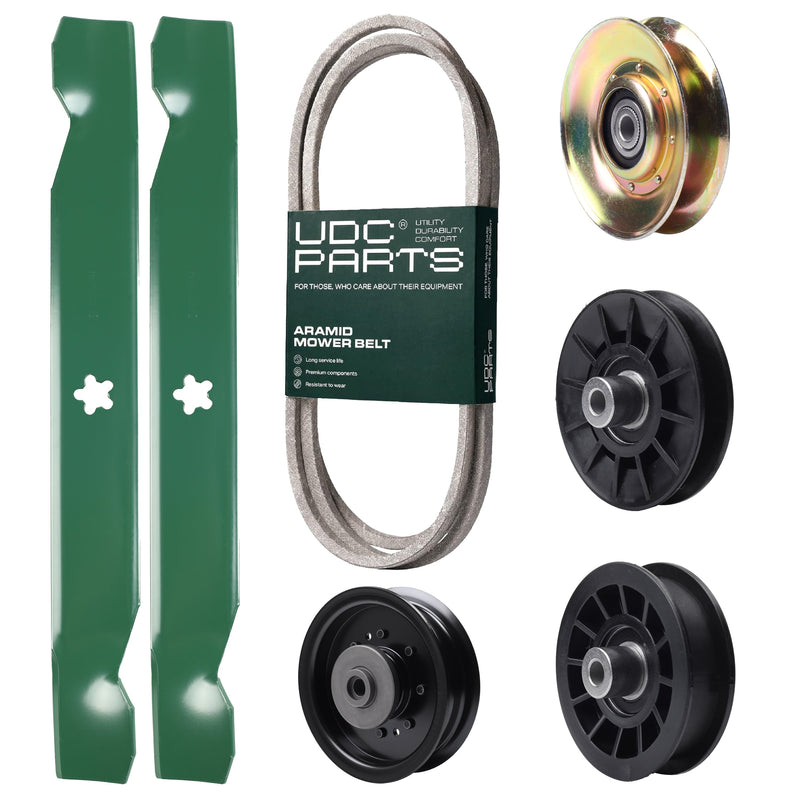 Wholesale Lawn Mower Parts -  UDC Parts Mower Kit / Belt 194346 + Pulley 127783 + Pulley 532194326 + Pulley 532194327 + Pulley 532196104 + 2 Pack Blades 138497 / Fits Husqvarna LT1597