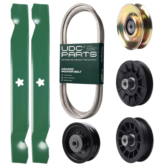 Wholesale Lawn Mower Parts -  UDC Parts Mower Kit / Belt 138255 + Pulley 127783 + Pulley 532194326 + Pulley 532194327 + Pulley 532196104 + 2 Pack Blades 138497 / Fits Husqvarna LT1597