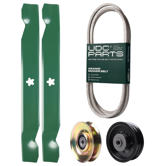 Products -  UDC Parts Mower Kit / Belt 194346 + Pulley 127783 + Pulley 532196104 + 2 Pack Blades 138497 / Fits Husqvarna LT1597