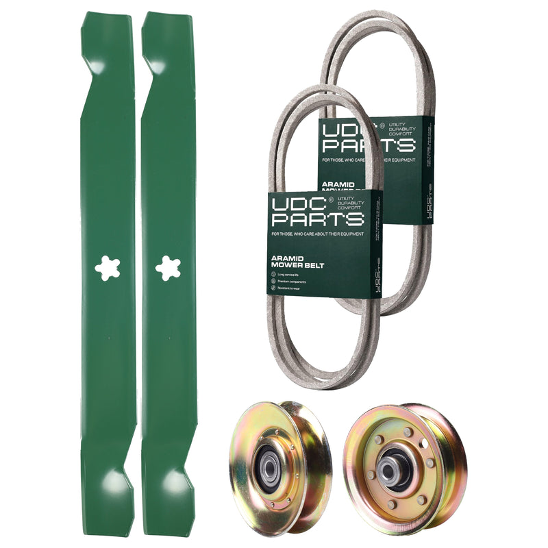  UDC Parts Mower Kit / Belt 140294 + Belt 144959 + Pulley 127783 + Pulley 173437 + 2 Pack Blades 138971 / Fits Poulan Pro BB185H42YT BB24H42YT CO18H42STA DPR20H42STA PB19H42LT PB19H42LTS PBA195H42LT