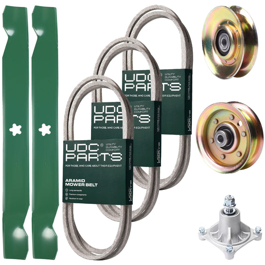 Bulk Lawn Mower Pulleys -  UDC Parts Mower Kit / Belt 140294 + Belt 174368 + Belt 180808 + Pulley 127783 + Pulley 173437 + Spindle 532174356 + 2 Pack Blades 138971 / Fits Jonsered LT2122A2