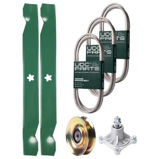 Wholesale Lawn Mower Parts -  UDC Parts Mower Kit / Belt 140294 + Belt 174368 + Belt 180808 + Pulley 127783 + Spindle 532174356 + 2 Pack Blades 138971 / Fits Jonsered LT2122A2