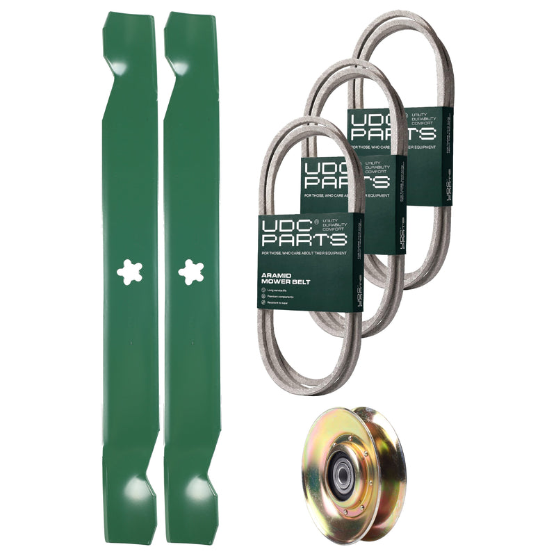 Products -  UDC Parts Mower Kit / Belt 130969 + Belt 140218 + Belt 174883 + Pulley 127783 + 2 Pack Blades 138971 / Fits Husqvarna LTH1842 YTH1542 XP YTH180
