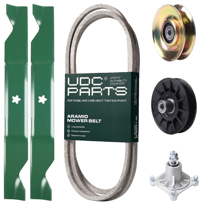 Products -  UDC Parts Mower Kit / Belt 138255 + Pulley 127783 + Pulley 532194326 + Spindle 532174356 + 2 Pack Blades 405380 / Fits Husqvarna LT1597