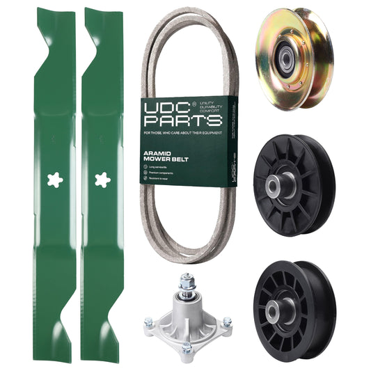 Wholesale Lawn Mower Parts -  UDC Parts Mower Kit / Belt 138255 + Pulley 127783 + Pulley 532194326 + Pulley 532194327 + Spindle 532174356 + 2 Pack Blades 405380 / Fits Husqvarna LT1597