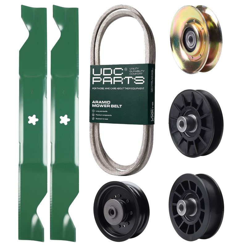 Wholesale Lawn Mower Parts -  UDC Parts Mower Kit / Belt 138255 + Pulley 127783 + Pulley 532194326 + Pulley 532194327 + Pulley 532196104 + 2 Pack Blades 405380 / Fits Husqvarna LT1597
