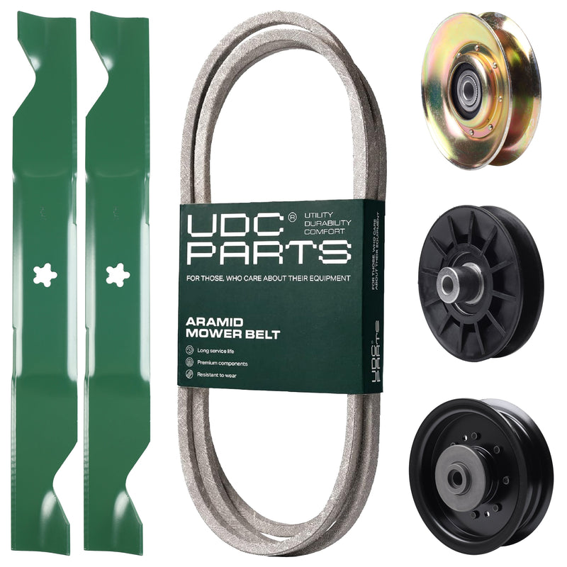 Products -  UDC Parts Mower Kit / Belt 138255 + Pulley 127783 + Pulley 532194326 + Pulley 532196104 + 2 Pack Blades 405380 / Fits Husqvarna LT1597