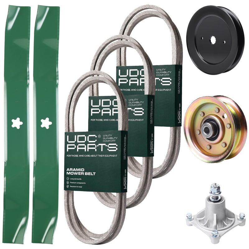 Bulk Lawn Mower Pulleys -  UDC Parts Mower Kit / Belt 140294 + Belt 174368 + Belt 180808 + Pulley 129861 + Pulley 173437 + Spindle 532174356 + 2 Pack Blades 134149 / Fits Jonsered LT2122A2