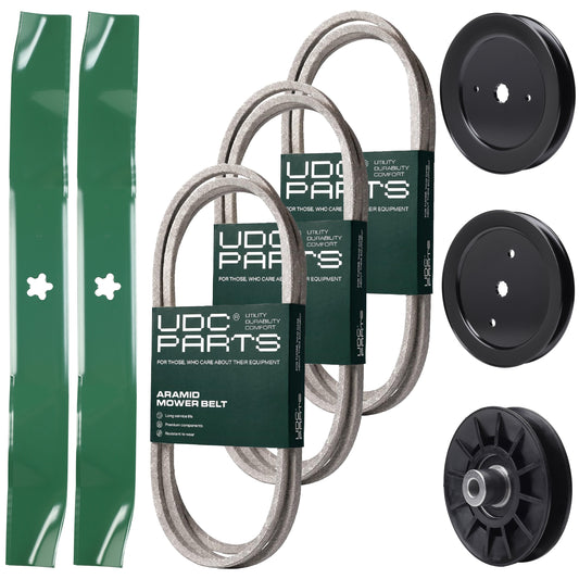 Bulk Lawn Mower Pulleys -  UDC Parts Mower Kit / Belt 130969 + Belt 144959 + Belt 197253 + Pulley 129861 + Pulley 195945 + Pulley 532194326 + 2 Pack Blades 134149 / Fits Husqvarna TS142