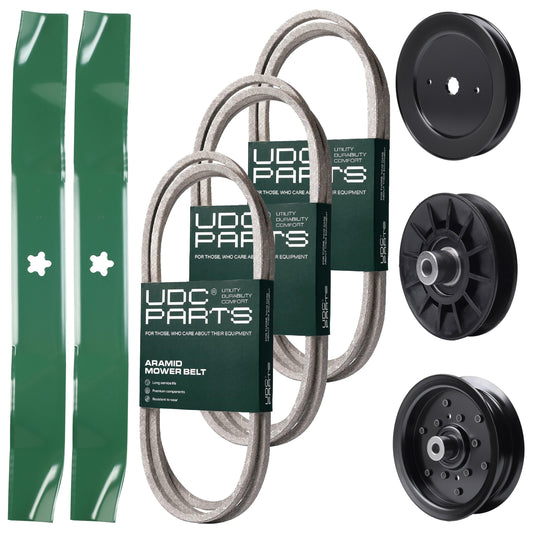 Wholesale Lawn Mower Parts -  UDC Parts Mower Kit / Belt 130969 + Belt 140218 + Belt 144959 + Pulley 129861 + Pulley 532194326 + Pulley 532196106 + 2 Pack Blades 134149 / Fits Husqvarna LOYTH20F42T YTH20F42T YTH2242T