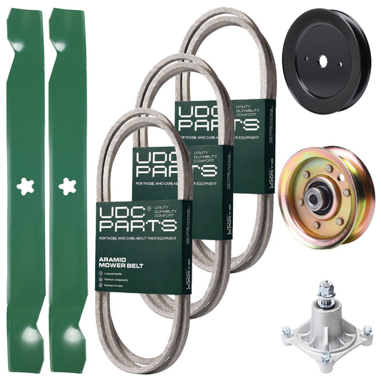 Bulk Lawn Mower Pulleys -  UDC Parts Mower Kit / Belt 140294 + Belt 174368 + Belt 180808 + Pulley 129861 + Pulley 173437 + Spindle 532174356 + 2 Pack Blades 138971 / Fits Jonsered LT2122A2