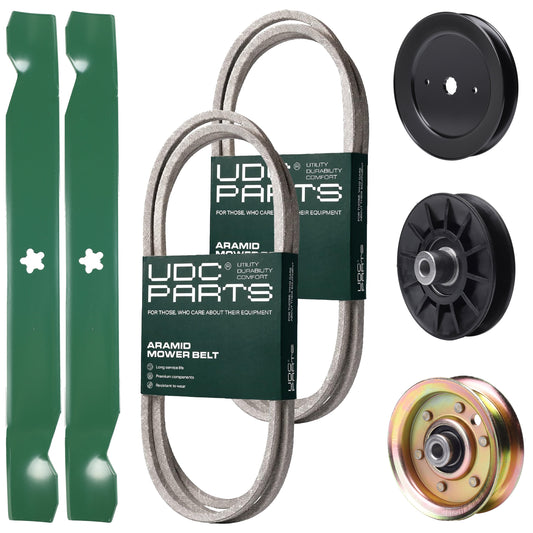 Products -  UDC Parts Mower Kit / Belt 140218 + Belt 144959 + Pulley 129861 + Pulley 532194326 + Pulley 173437 + 2 Pack Blades 138971 / Fits Husqvarna YTH2042 XP
