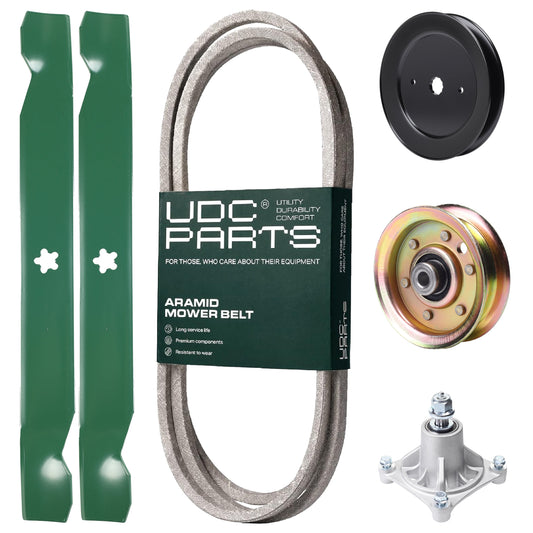 Products -  UDC Parts Mower Kit / Belt 174368 + Pulley 129861 + Pulley 173437 + Spindle 532174356 + 2 Pack Blades 138971 / Fits Jonsered LT2122A2