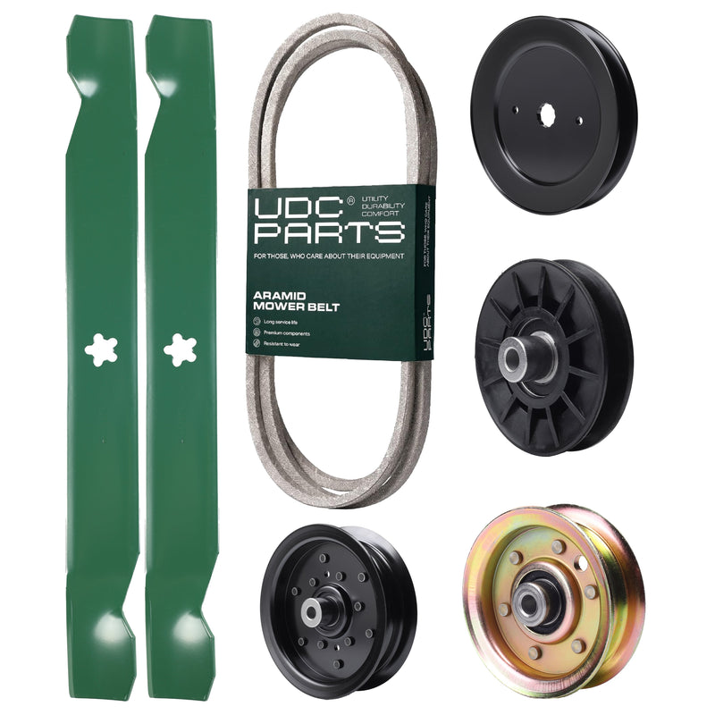 Products -  UDC Parts Mower Kit / Belt 144959 + Pulley 129861 + Pulley 532194326 + Pulley 532196106 + Pulley 173437 + 2 Pack Blades 138971 / Fits Husqvarna YTH2042 XP