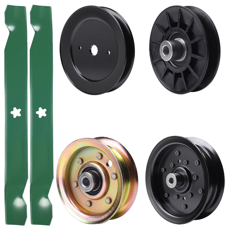  UDC Parts Mower Kit / Pulley 129861 + Pulley 532194326 + Pulley 532196106 + Pulley 173437 + 2 Pack Blades 138971 / Fits Husqvarna YTH2042 XP