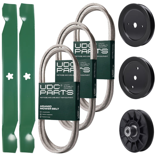 Bulk Lawn Mower Pulleys -  UDC Parts Mower Kit / Belt 130969 + Belt 144959 + Belt 197253 + Pulley 129861 + Pulley 195945 + Pulley 532194326 + 2 Pack Blades 138971 / Fits Husqvarna TS142