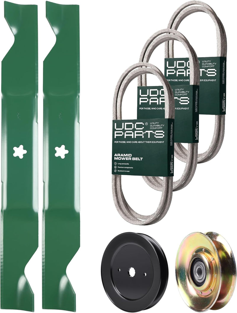  UDC Parts Mower Kit / Belt 130969 + Belt 140294 + Belt 405143 + Pulley 129861 + 2 Pack Blades 405380 / Fits Husqvarna YTH200