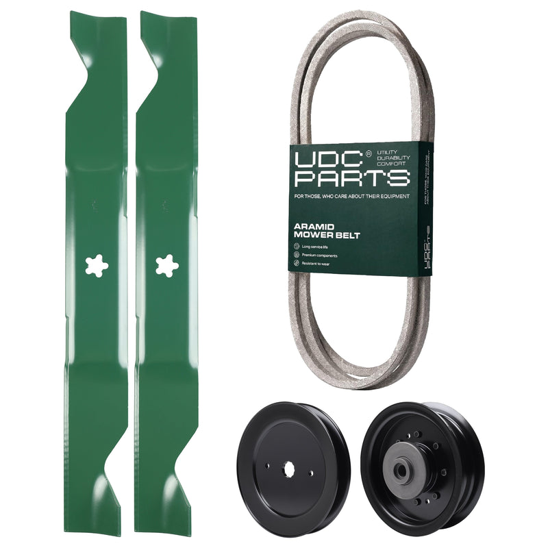  UDC Parts Mower Kit / Belt 405143 + Pulley 532129861 + Pulley 532196104 + 2 Pack Blades 405380 / Fits Husqvarna YTH2242TDF
