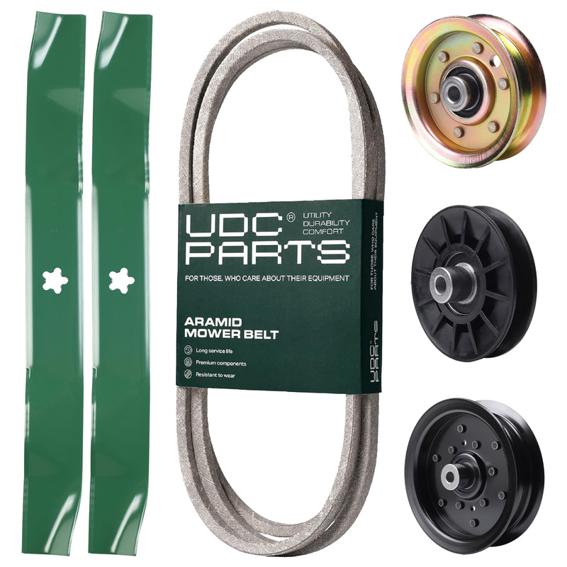  UDC Parts Mower Kit / Belt 144959 + Pulley 532194326 + Pulley 532196106 + Pulley 173437 + 2 Pack Blades 134149 / Fits Husqvarna YTH2042 XP